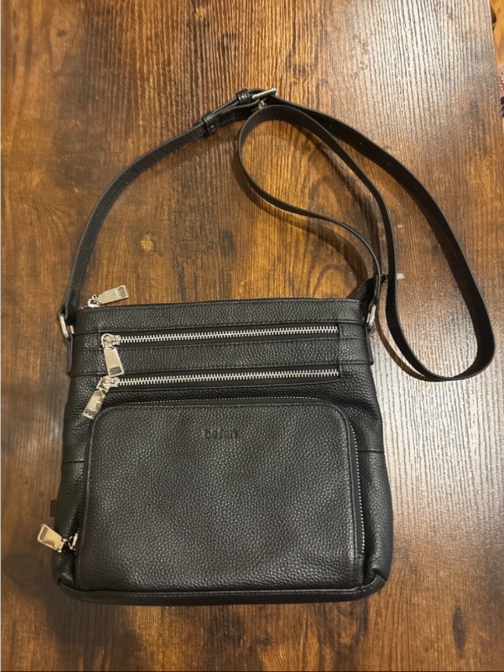 Black Leather Crossbody Bag with Front Zip Pockets